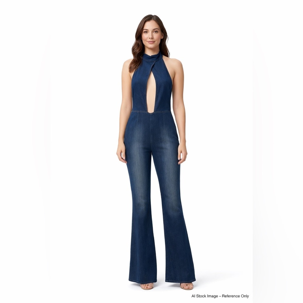 Mitzi Michel Open Back Flared Leg Stretch Denim Jumpsuit Women's Small